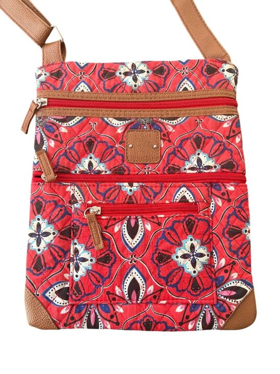 Stone Mountain Handbags - Stone Mountain Red Floral Boho Crossbody Bag W/ Multiple Zippered Pockets